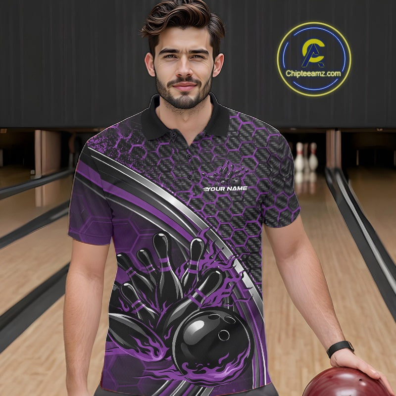 Male model in a bowling lane wearing a black and purple polo shirt with honeycomb design and a flaming bowling strike illustration.