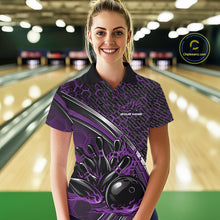 Load image into Gallery viewer, Custom Purple Flame Bowling Women Polo Team Shirt, Hexagon Pattern Bowling Jerseys IPHW11311