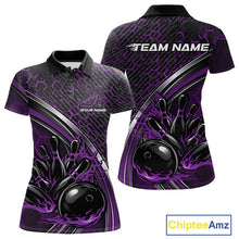 Load image into Gallery viewer, Custom Purple Flame Bowling Women Polo Team Shirt, Hexagon Pattern Bowling Jerseys IPHW11311