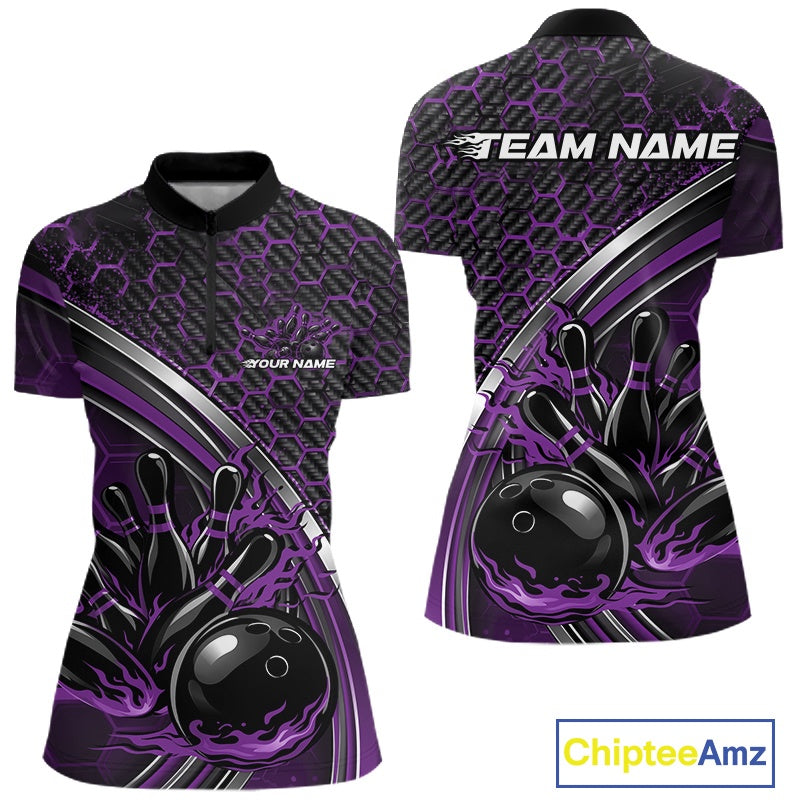 Front and back mockup of a women s black and purple bowling quarter zip with a honeycomb pattern and flaming bowling ball hitting pins graphics.
