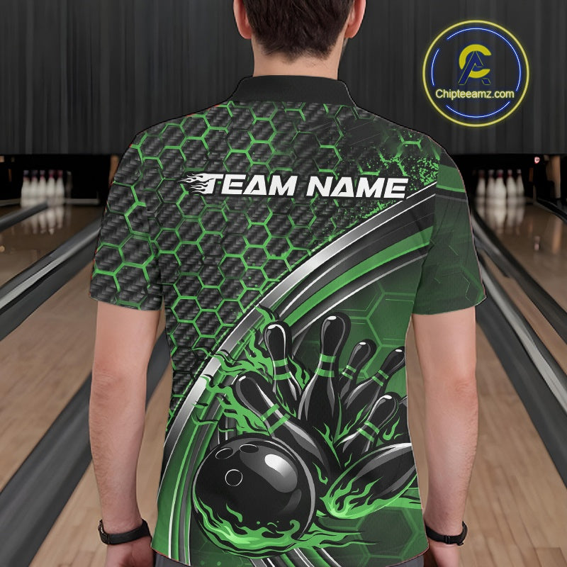 Back view of a male model in a bowling alley wearing a black and green polo shirt, showcasing honeycomb texture and a flaming bowling strike graphic.