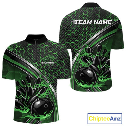 Front and back view of a mens bowling quarter zip shirt mockup in black and green, featuring honeycomb pattern with a flaming bowling ball and pins.