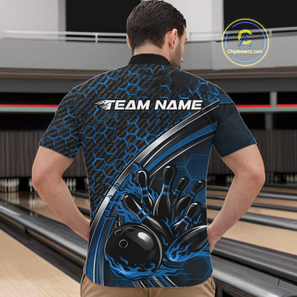 Male model in a bowling alley wearing a black and blue quarter zip shirt, showcasing honeycomb accents and a dynamic flame bowling strike illustration.