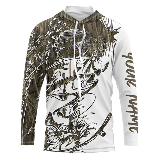 Custom Patriotic Trout Brown Camo Fly Fishing Long Sleeve Hooded Shirts, US Flyfishing Shirt IPHW9142