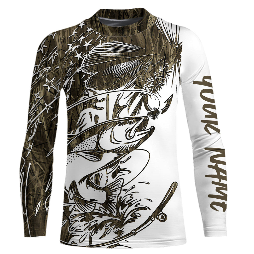 Custom Patriotic Trout Brown Camo Fly Fishing Kid Long Sleeve Shirts, US Flyfishing Shirt IPHW9142