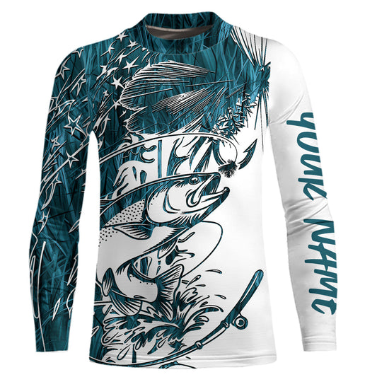 Custom Patriotic Trout Blue Camo Fly Fishing Kid Long Sleeve Shirts, US Flyfishing Shirt IPHW9143