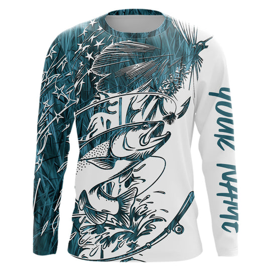 Custom Patriotic Trout Blue Camo Fly Fishing Long Sleeve Shirts, US Flyfishing Shirt IPHW9143