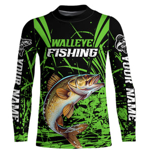 Customized Walleye Fishing Long Sleeve Tournament Shirt, Walleye Fishing Gifts For Fisherman | Green IPHW6647