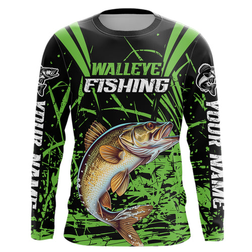 Customized Walleye Fishing Long Sleeve Tournament Shirt, Walleye Fishing Gifts For Fisherman | Green IPHW6647