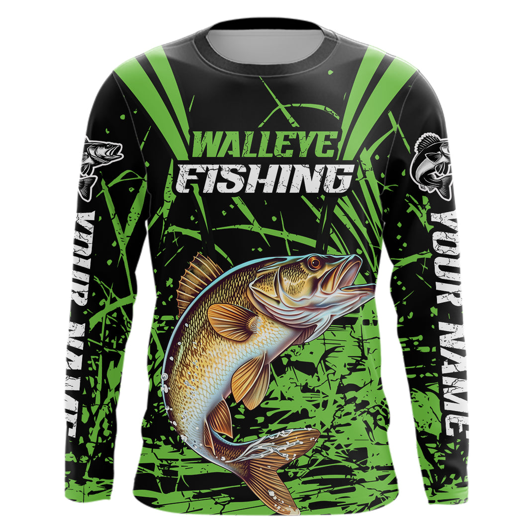 Customized Walleye Fishing Long Sleeve Tournament Shirt, Walleye Fishing Gifts For Fisherman | Green IPHW6647