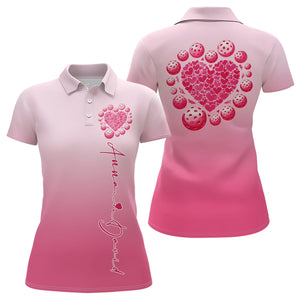 Custom Pink Heart Pickleball Polo Shirts For Women, Valentines Pickleball Couple Shirts IPHW8193