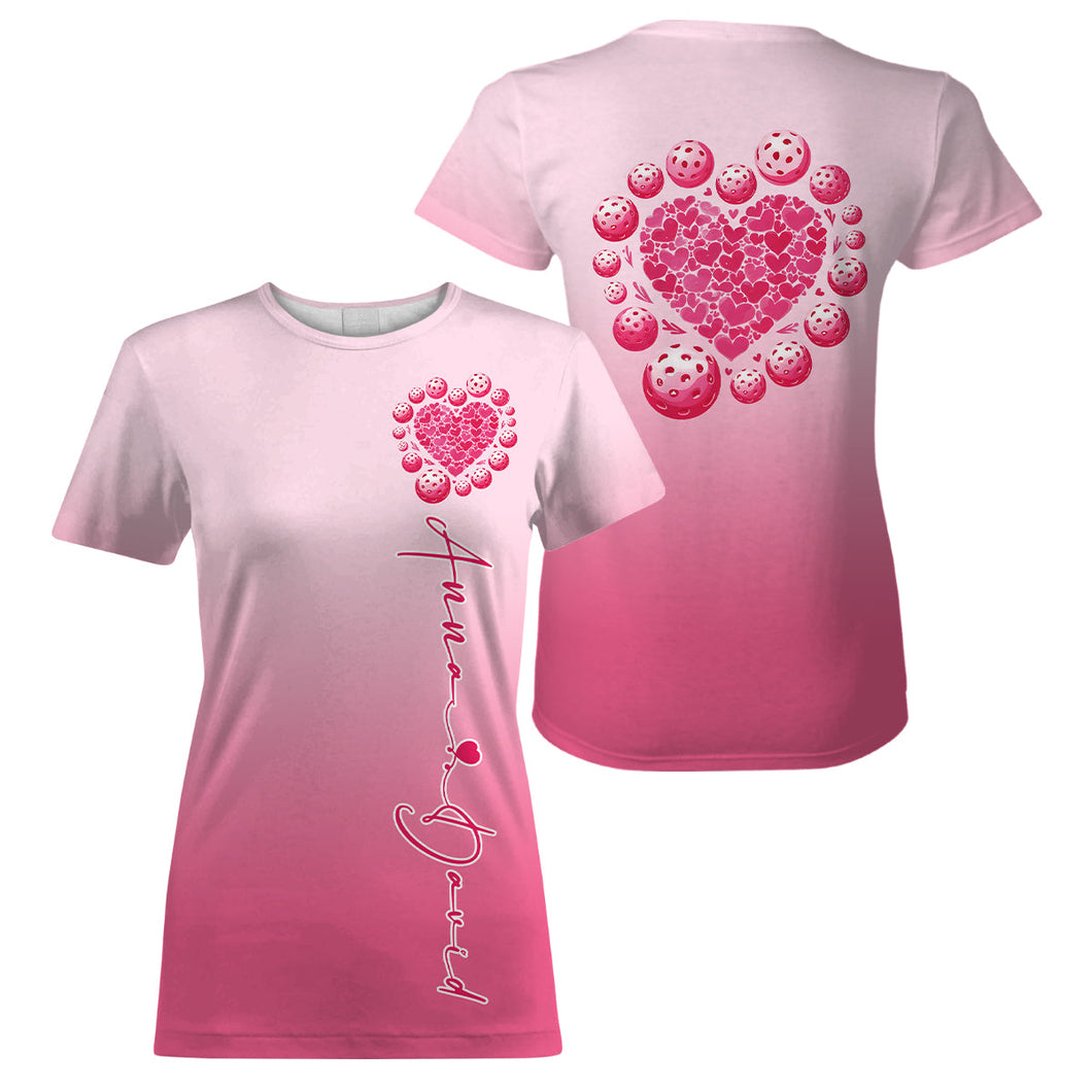 Custom Pink Heart Pickleball T-Shirts For Women, Valentines Pickleball Couple IPHW8193