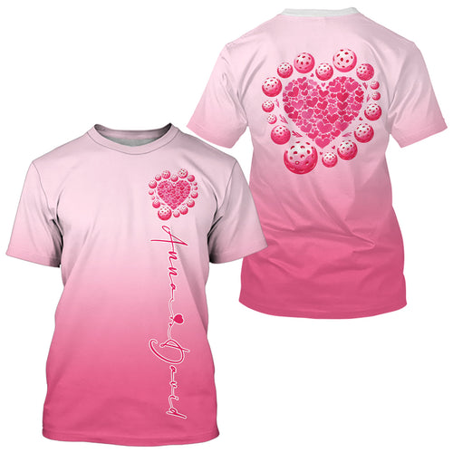 Custom Pink Heart Pickleball T-Shirts For Men, Valentines Pickleball Couple IPHW8193