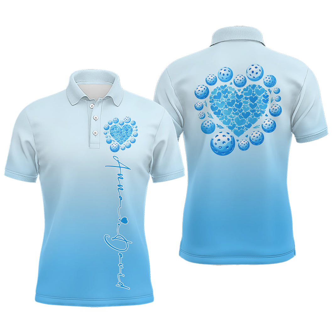 Custom Blue Heart Pickleball Polo Shirts For Men, Valentines Pickleball Couple Shirts IPHW8194