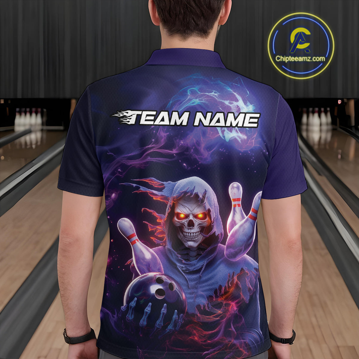 Custom Red And Purple Smoke Flame Grim Reaper Bowling Men Polo Shirt, Halloween Outfit IPHW9895
