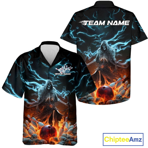Custom Blue Lightning Grim Reaper Bowling Men And Women Hawaiian Shirt, Flame Halloween Outfit IPHW9899