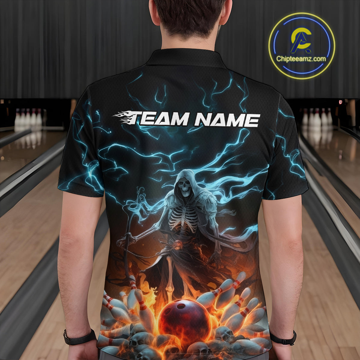 Custom Blue Lightning Grim Reaper Bowling Men Polo Shirt, Flame Halloween Outfit IPHW9899