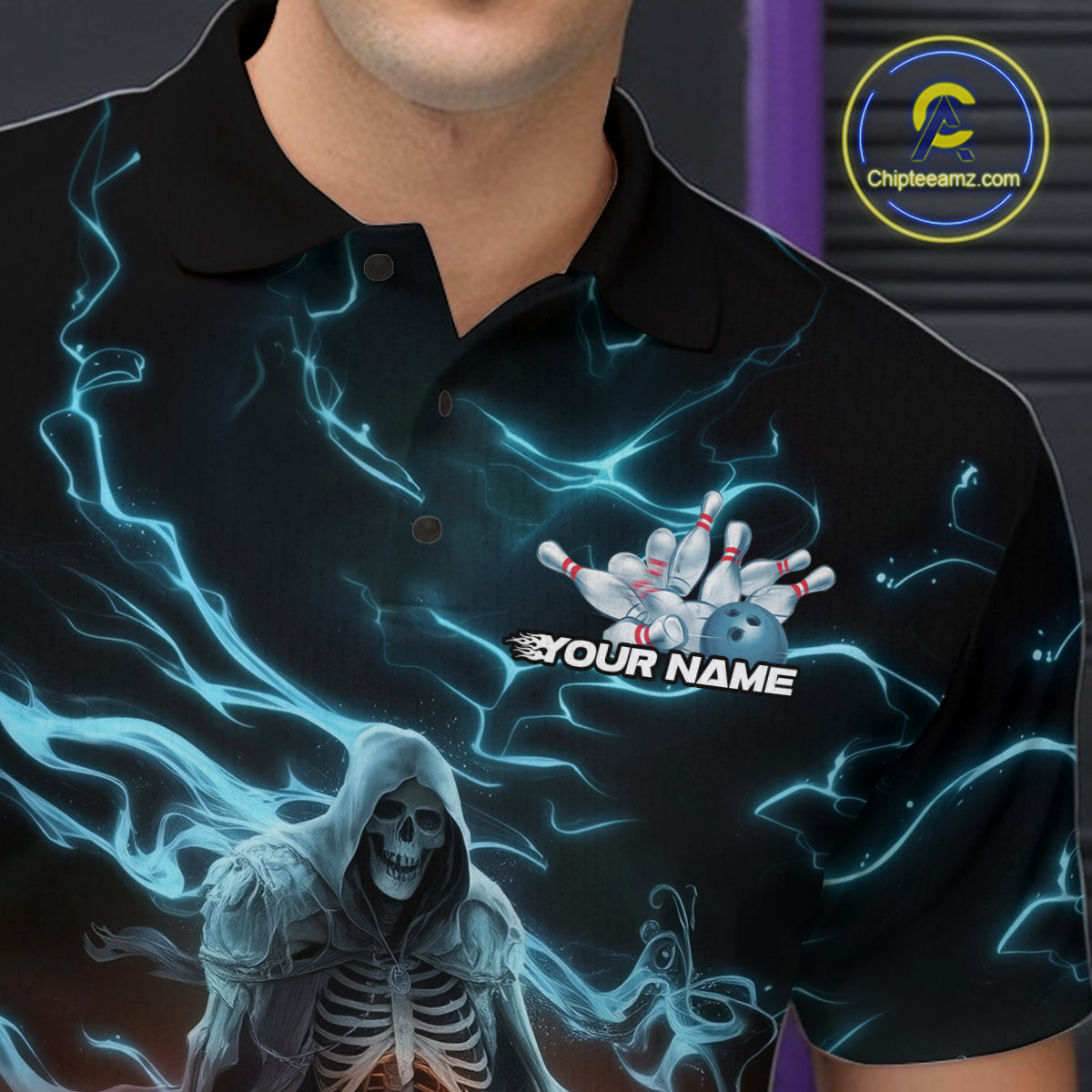 Custom Blue Lightning Grim Reaper Bowling Men Polo Shirt, Flame Halloween Outfit IPHW9899