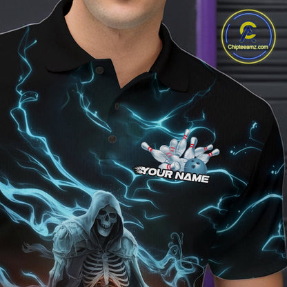 Custom Blue Lightning Grim Reaper Bowling Men Polo Shirt, Flame Halloween Outfit IPHW9899