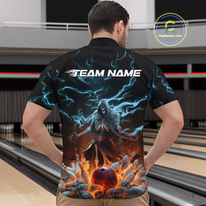 Custom Blue Lightning Grim Reaper Bowling Men Quarter-Zip Shirt, Flame Halloween Outfit IPHW9899