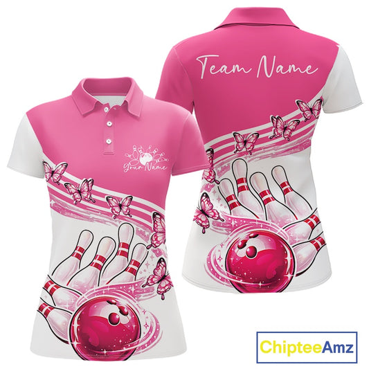 Front and back mockup of a womens white and pink bowling polo featuring butterfly artwork and colorful bowling graphics