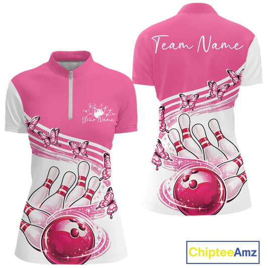 Front and back mockup of a womens white and pink bowling quarter zip showcasing butterfly graphics and bowling-themed artwork