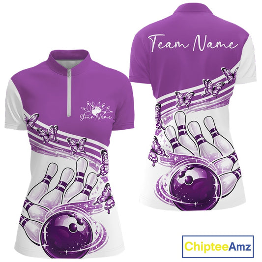 Front and back mockup of a womens white and purple bowling quarter zip featuring butterfly graphics and bowling-themed artwork