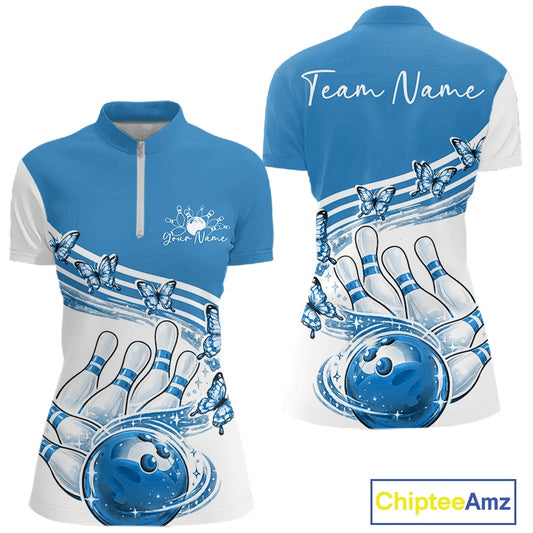 Front and back mockup of a womens white and blue bowling quarter zip showcasing butterfly graphics and bowling-themed artwork