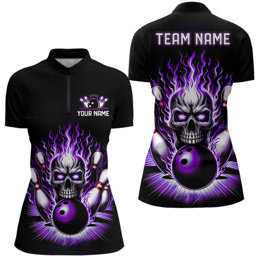 Personalized Ladies Skull Bowling Shirt Custom Team'S Name Flame Bowler Jerseys | Purple IPHW6511