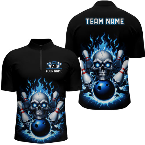 Custom Blue Flame Bowling Team Shirts, Halloween Skull Bowling Quarter Zip Shirt For Men IPHW6862