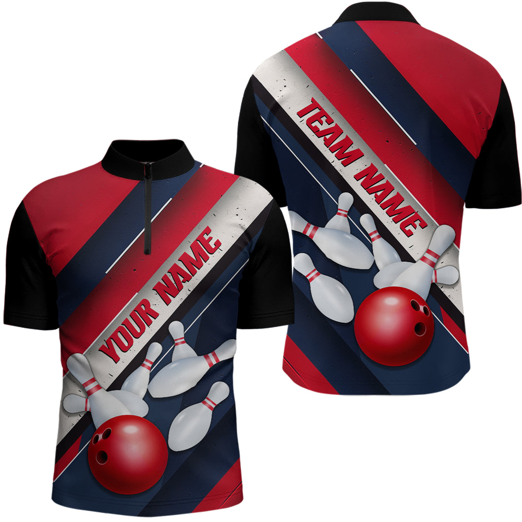 Red, White And Blue Striped Lines Custom Unisex Bowling Team Shirts, Patriotic Bowling Jerseys IPHW6672