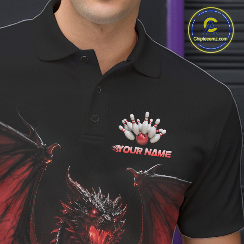 Custom Red Dragon Flame Bowling Team Men Polo Shirt, Bowling League Shirt IPHW11666