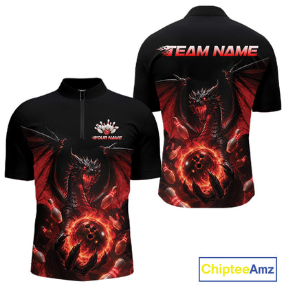 Custom Red Dragon Flame Bowling Team Men Quarter Zip Shirt, Bowling League Shirt IPHW11666