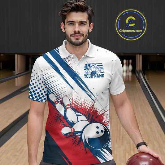 Custom Red, White And Blue Patriotic US Flag Bowling Polo Shirts For Men, Team Uniform IPHW9542