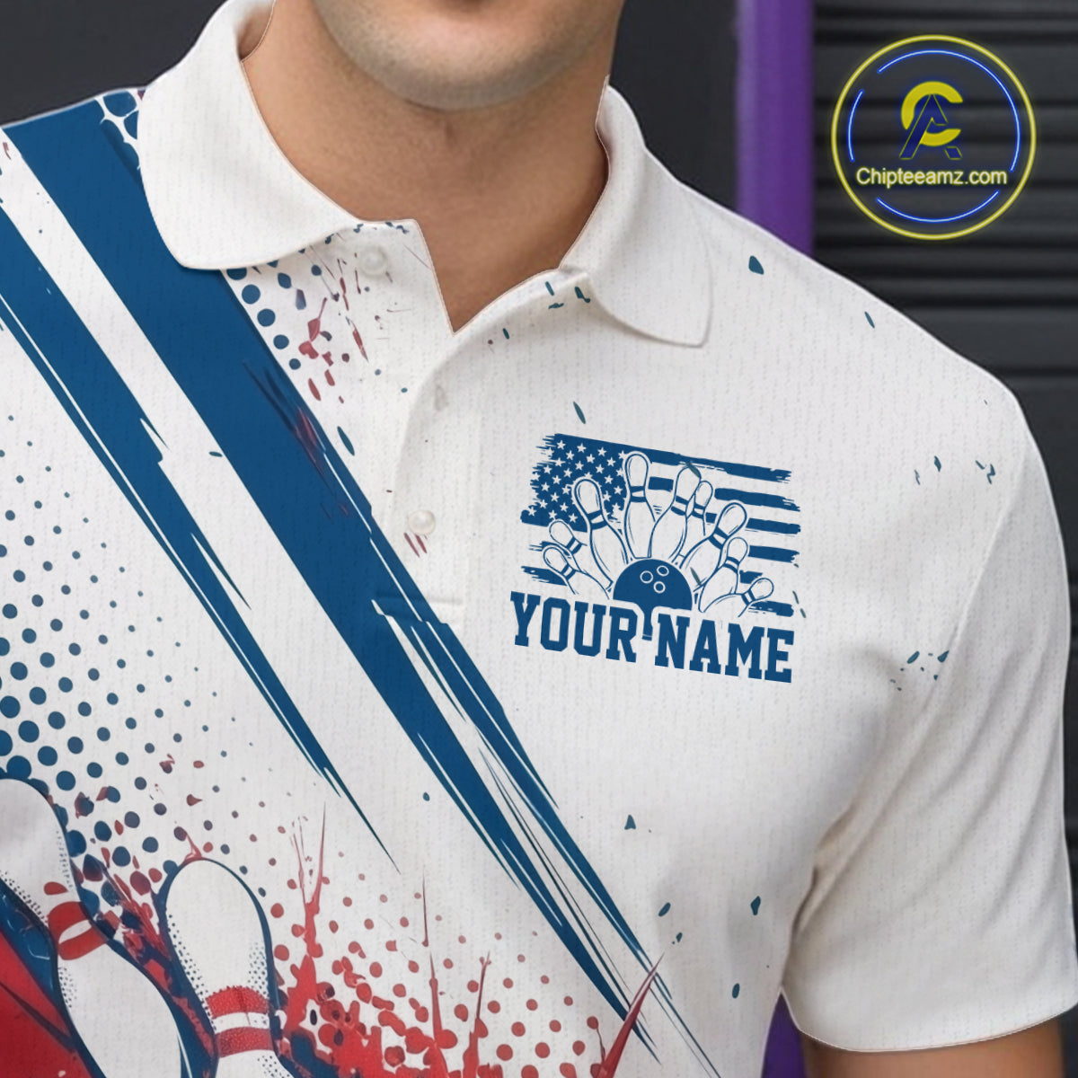 Custom Red, White And Blue Patriotic US Flag Bowling Polo Shirts For Men, Team Uniform IPHW9542