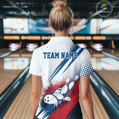Custom Red, White And Blue Patriotic US Flag Bowling Polo Shirts For Women, Team Uniform IPHW9542