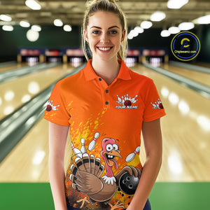 Custom Funny Turkey Bowling Thanksgiving Bowing Outfit Team Polo Shirts For Women IPHW9786
