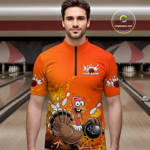 Custom Funny Turkey Bowling Thanksgiving Bowing Outfit Team Quarter-Zip Shirts For Men IPHW9786