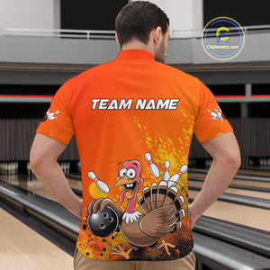 Custom Funny Turkey Bowling Thanksgiving Bowing Outfit Team Quarter-Zip Shirts For Men IPHW9786