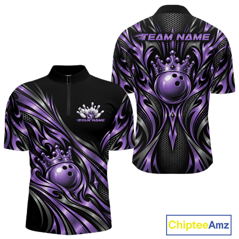 Custom Black And Purple Tribal Crown Bowling Men Quarter Zip Shirt, Bowling League Team Shirt IPHW12285