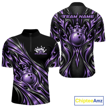 Custom Black And Purple Tribal Crown Bowling Men Quarter Zip Shirt, Bowling League Team Shirt IPHW12285