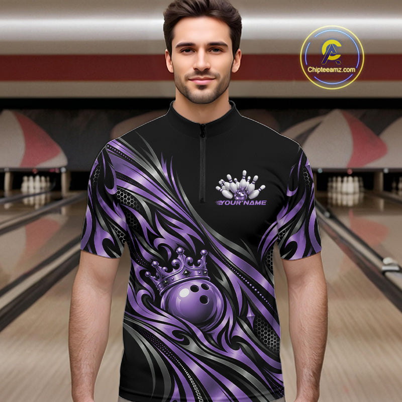 Custom Black And Purple Tribal Crown Bowling Men Quarter Zip Shirt, Bowling League Team Shirt IPHW12285