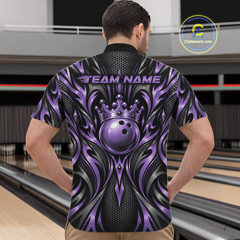 Custom Black And Purple Tribal Crown Bowling Men Quarter Zip Shirt, Bowling League Team Shirt IPHW12285