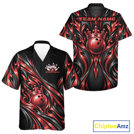 Custom Black And Red Tribal Crown Bowling Men And Women Button Up Shirt, Bowling League Team Shirt IPHW12287