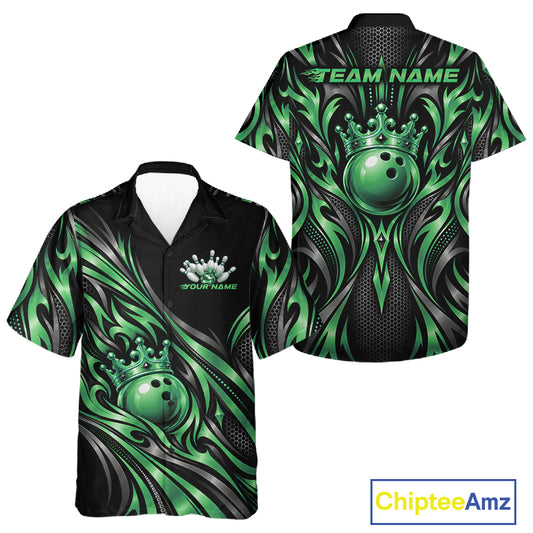 Custom Black And Green Tribal Crown Bowling Men And Women Button Up Shirt, Bowling League Team Shirt IPHW12288