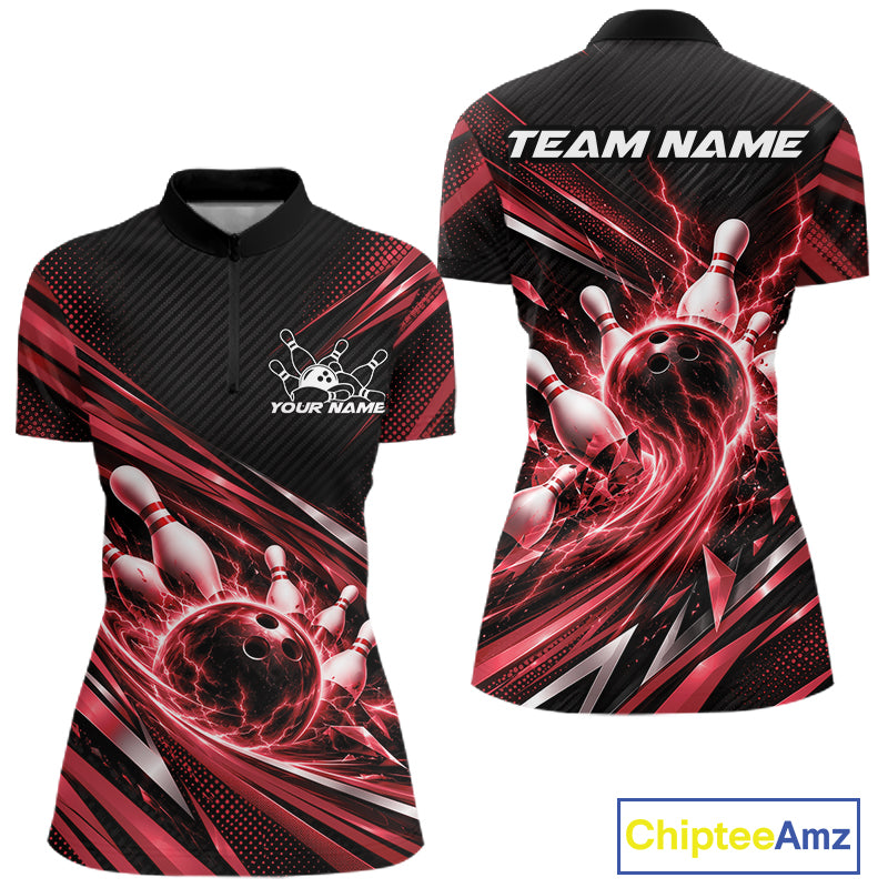 Custom Red Lightning Bowling Team Women Quarter-Zip Shirt, Bowling League Bowler Outfit IPHW12306