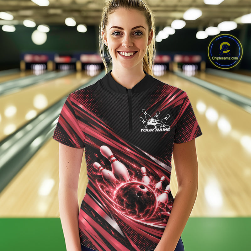 Custom Red Lightning Bowling Team Women Quarter-Zip Shirt, Bowling League Bowler Outfit IPHW12306