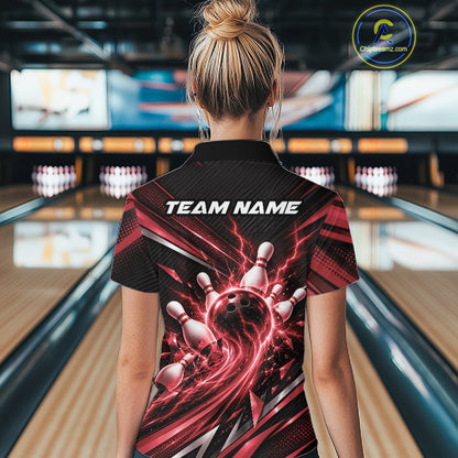Custom Red Lightning Bowling Team Women Quarter-Zip Shirt, Bowling League Bowler Outfit IPHW12306
