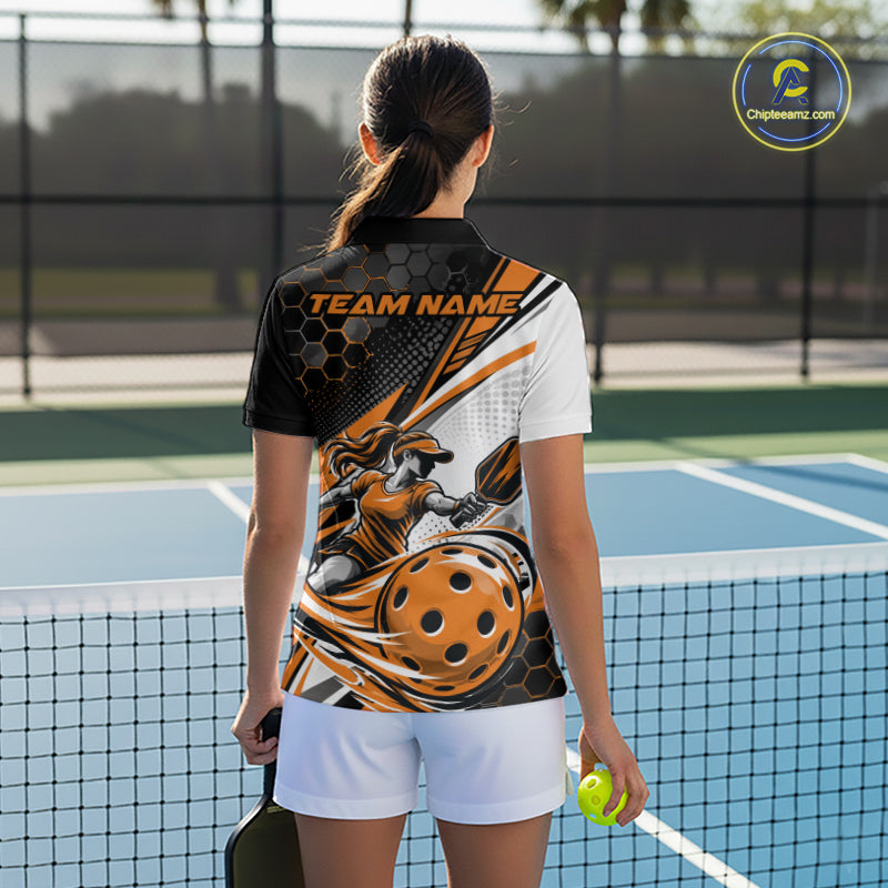 Custom Orange Energy Pickleballer Women Polo Shirt, Pickleball Tournament Team Uniform IPHW12758