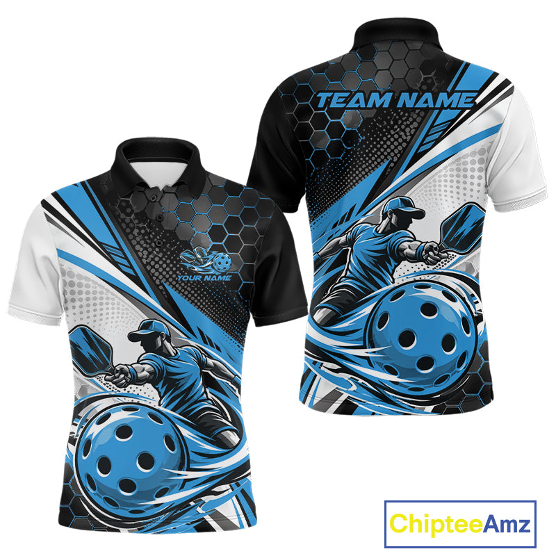 Custom Blue Energy Pickleballer Men Polo Shirt, Pickleball Tournament Team Uniform IPHW12759